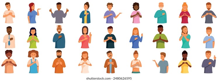 Sincere character icons set. Diverse group of people is holding their hands to their chests, expressing sincerity, gratitude, or respect