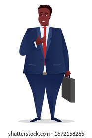 Sincere Charming businessman whole-length. Chubby cute charismatic entrepreneur. Smiling manager in a business suit and white shirt with a suitcase. Satisfied office worker. Character design vector.