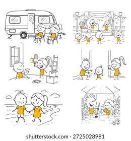 Experiências sinceras compartilhadas por personagens alegres que gostam de estar juntos em diferentes lugares, desde jardinagem a caminhadas na praia e decoração de casa.