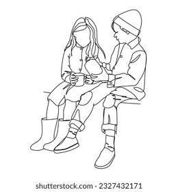 Sincere friendship of children.One line drawing.