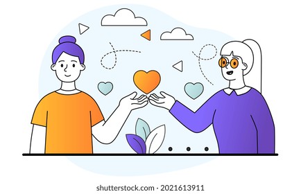 Sincere grateful smiling female characters are saying thank you. Two women are holding a heart on their palms together. Concept of grateful people thanking. Flat cartoon vector illustration