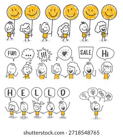Interacciones sinceras y sentidas establecidas por compañeros de equipo sonrientes a través de diversas emociones y mensajes sociales.