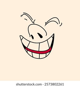 Sincere smile. Hand-drawn cartoon face with wide grin and expressive eyes. Vector illustration for positive emotions, joy, happiness.