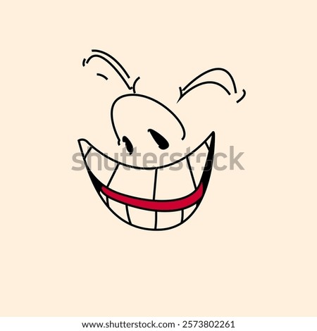 Sincere smile. Hand-drawn cartoon face with wide grin and expressive eyes. Vector illustration for positive emotions, joy, happiness.