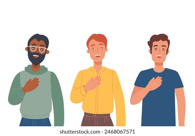 Sincere smiling men hold their hands on their chests. Sign of recognition and gratitude. Vector flat illustration.
