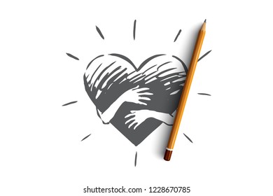Sincerity, love, care, hand, heart concept. Hand drawn hands hug heart concept sketch. Isolated vector illustration.