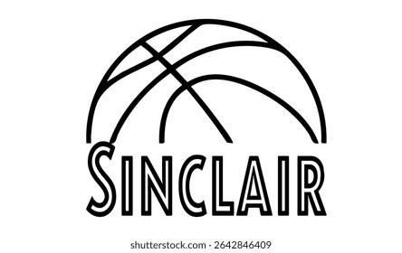 Sinclair – first name in sporty style with a stylized basketball sketch. Black vector graphic, ideal for banners, cards, sweatshirts, prints, Cricut, Silhouette and sublimation projects.