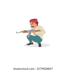 Sindhi man sitting and Holding a  rifle, Ch Name: (Arba) Pakistan people. vector illustration