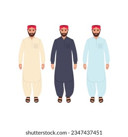 Sindhi traditional Dress Shalwar Kameez with sindhi topi Pakistan people Vector illustration