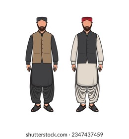 Sindhi traditional Dress Shalwar Kameez with waist coat sindhi topi pakistan people Vector illustration