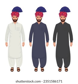 Sindhi traditional Dress Shalwar Kameez with Sindhi dastar pugg Pakistan People Vector illustration