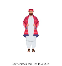 Vestido tradicional sindhi Shalwar Kameez con Ajrak topi Ilustración vectorial del pueblo de Pakistán