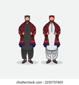 Sindhi traditional Ghair Shalwar Kameez With Ajrak Topi cultural Shawl and cap Vector illustration