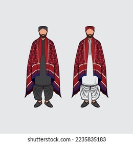 Sindhi traditional Ghair Shalwar Kameez With Ajrak Topi cultural Shawl and cap Vector illustration