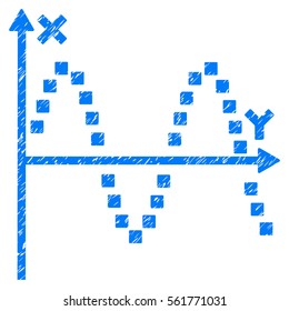 Sine Plot grainy textured icon for overlay watermark stamps. Flat symbol with scratched texture. Dotted vector blue ink rubber seal stamp with grunge design. Designed with square dots.
