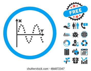 Sine Plot icon with bonus images. Vector illustration style is flat iconic bicolor symbols, blue and gray colors, white background.