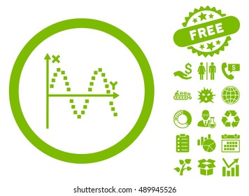 Sine Plot icon with free bonus pictograph collection. Vector illustration style is flat iconic symbols, eco green color, white background.