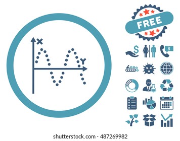 Sine Plot pictograph with free bonus icon set. Vector illustration style is flat iconic bicolor symbols, cyan and blue colors, white background.