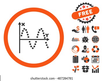 Sine Plot pictograph with free bonus symbols. Vector illustration style is flat iconic bicolor symbols, orange and gray colors, white background.