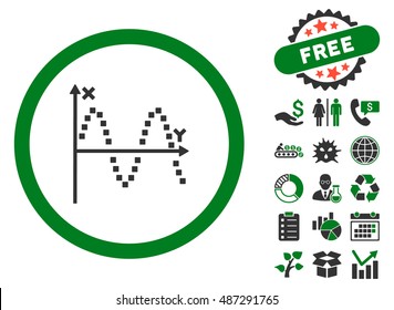 Sine Plot pictograph with free bonus pictogram. Vector illustration style is flat iconic bicolor symbols, green and gray colors, white background.