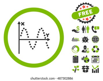 Sine Plot pictograph with free bonus elements. Vector illustration style is flat iconic bicolor symbols, eco green and gray colors, white background.