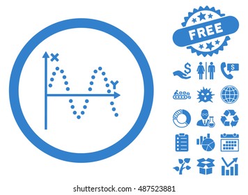 Sine Plot pictograph with free bonus icon set. Vector illustration style is flat iconic symbols, cobalt color, white background.