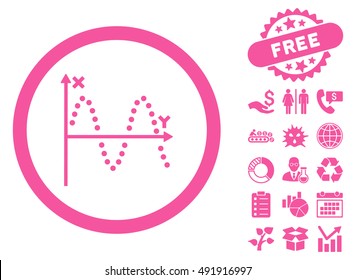 Sine Plot pictograph with free bonus icon set. Vector illustration style is flat iconic symbols, pink color, white background.