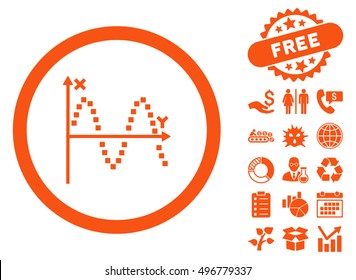Sine Plot pictograph with free bonus pictogram. Vector illustration style is flat iconic symbols, orange color, white background.