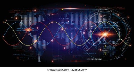 Sine wave electricity virtual reality Artificial Intelligence-based analysis Innovative HUD hologram display concept. Sci-Fi HUD, GUI, and UI. Data-filled futuristic display, high-tech screen