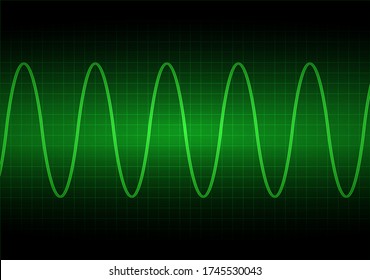 Sine wave on the oscilloscope on black background with grid. Green color. The voltage waveform. A sound wave of light on a dark background. Stock vector illustration.