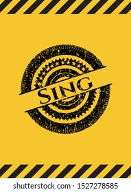 Sing black grunge emblem inside yellow warning sign. Vector Illustration. Detailed.