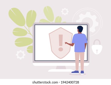 Sing up concept. Der junge Mann meldet sich in den Computer ein. Farbige flache Vektorgrafik