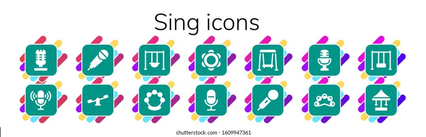 sing icon set. 14 filled sing icons. Included Microphone, Karaoke, Swings, Swing, Tambourine icons