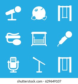 Sing icons set. set of 9 sing filled icons such as dancing emoji, swing, pin microphone