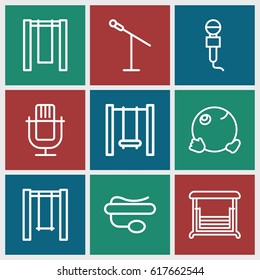Sing icons set. set of 9 sing outline icons such as swing, microphone, pin microphone