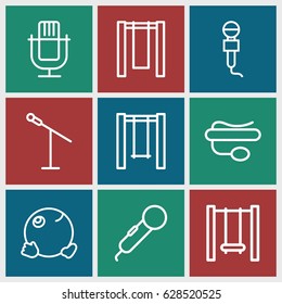Sing icons set. set of 9 sing outline icons such as swing, microphone, pin microphone