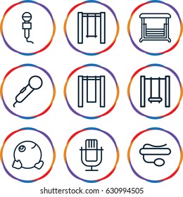Sing icons set. set of 9 sing outline icons such as swing, microphone, pin microphone