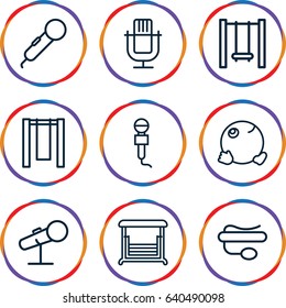 Sing icons set. set of 9 sing outline icons such as swing, microphone, pin microphone