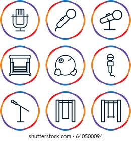 Sing icons set. set of 9 sing outline icons such as swing, microphone