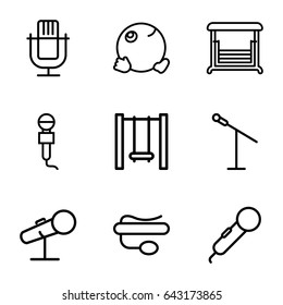 Sing icons set. set of 9 sing outline icons such as swing, pin microphone
