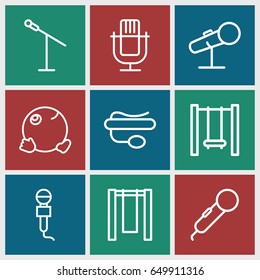 Sing icons set. set of 9 sing outline icons such as microphone, pin microphone, swing