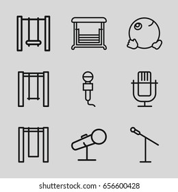 Sing icons set. set of 9 sing outline icons such as swing, microphone