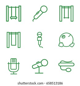 Sing icons set. set of 9 sing outline icons such as swing, microphone, pin microphone
