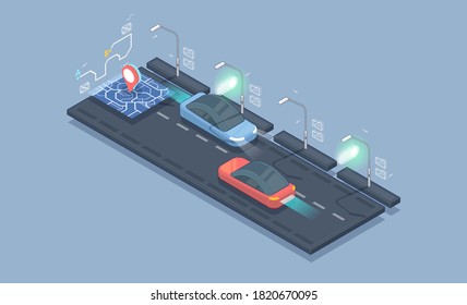 Sing und Illustration von Verkehrsstau auf der Straße. Fahrerloses oder selbstfahrendes Auto auf der Straße. Futuristische autonome Fahrzeug-Fernerkundung.