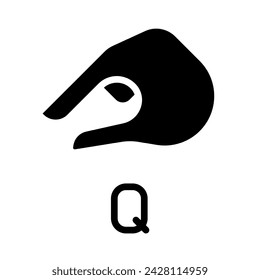 Sing for letter Q in ASL black glyph icon. System of nonverbal communication. Gestures system element. Silhouette symbol on white space. Solid pictogram. Vector isolated illustration