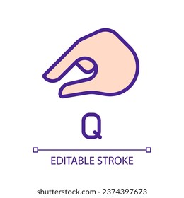 Sing für den Buchstaben Q in ASL Pixel perfekte RGB Farbsymbol. Kommunikationssystem. Gesten-System. Einzige Vektorgrafik. Einfache, ausgefüllte Linienzeichnung. Bearbeitbarer Strich. Arithmetik verwendet