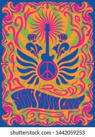 Sing, Love, Live! Psychedelic Art Poster Stylization, Vintage Colors and Shapes, Guitar, Peace Symbol, Hippie Art Style