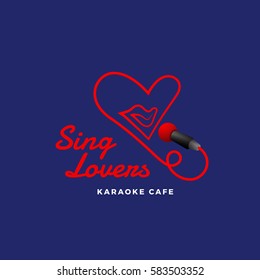 Sing Lovers Karaoke Abstract Vector Sign, Emblem or Logo Template. Singing Mouth in the Microphone in a Heart Shape. Creative Concept. Red on Blue Background.