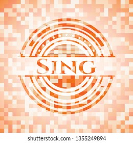Sing orange tile background illustration. Square geometric mosaic seamless pattern with emblem inside.