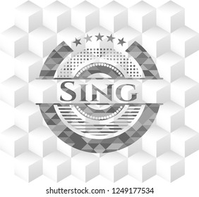 Sing realistic grey emblem with geometric cube white background